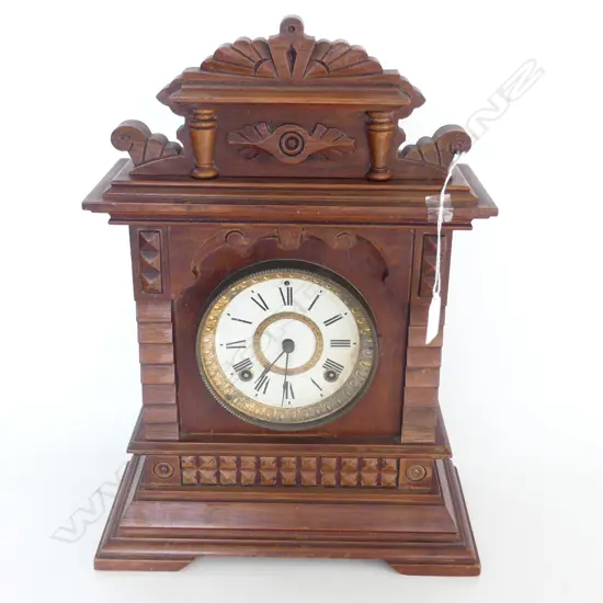 ANSONIA c1900 WALNUT MANTLE CLOCK H.445mm w pendulum & key