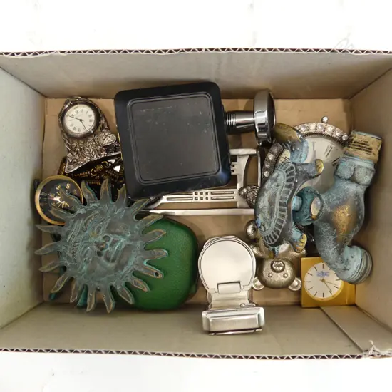 BOX LOT ASST. CLOCKS, COMPASS ON CHAIN, 3 BRASS PCES