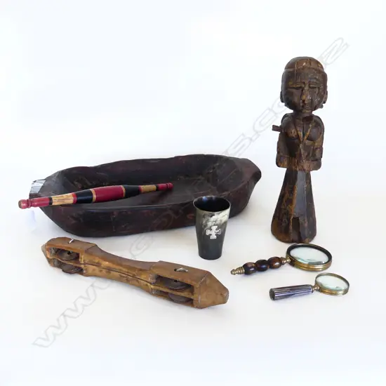 CARVED WOODEN DOUGH BOWL L.490mm + FIGURE, HORN CUP, 2 MAGNIFYING LENS, STICK