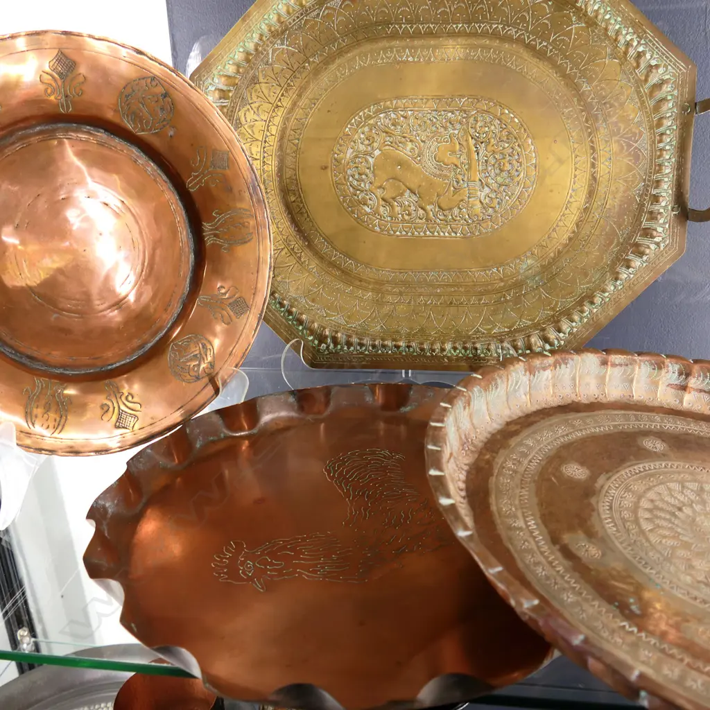 4 COPPER & BRASS CHARGERS, ENGLISH & MID EASTERN Image 1++