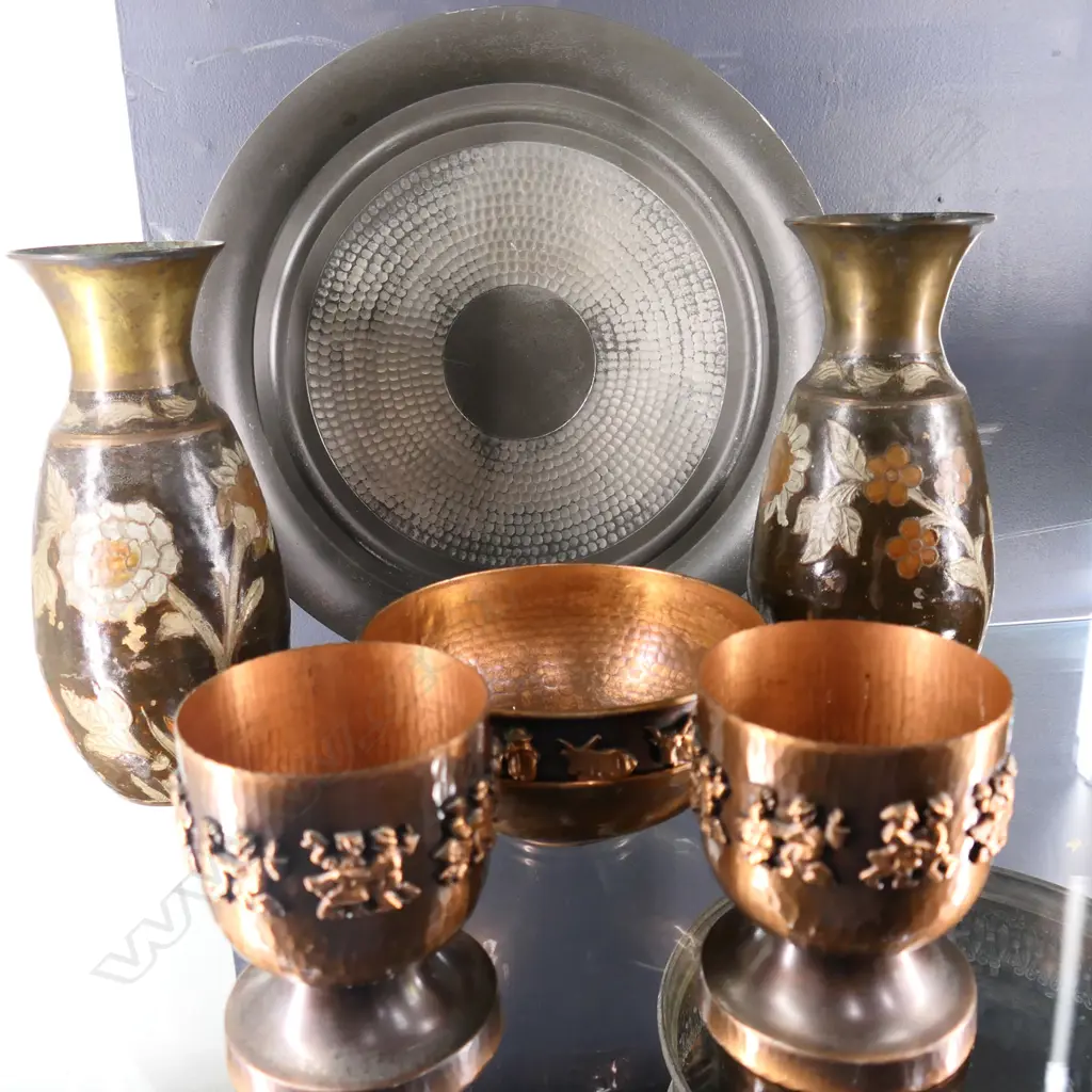 HUNGARIAN MID CENTURY COPPER BOWL & GOBLETS, MODERN PEWTER CHARGER & 2 INDIAN ENAMELED VASES  Image 1++