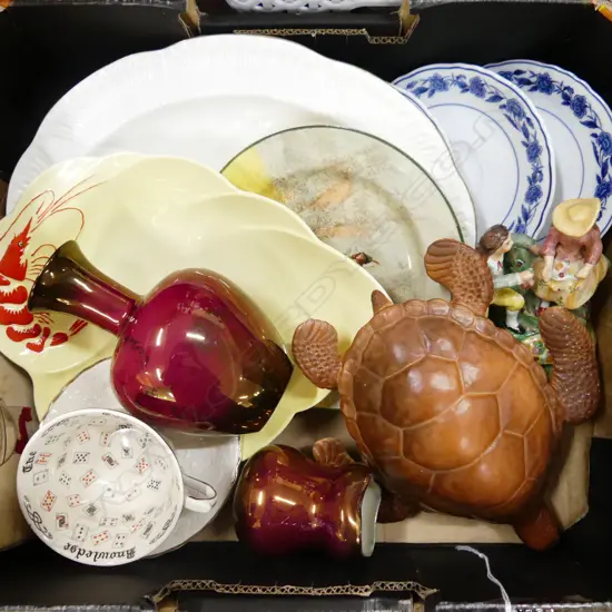 BOX OF VINTAGE CHINA - SHELLEY PLATTER, WINTON CRAYFISH DISH, LUSTRE VASES, TURTLE, STAFFORDSHIRE ETC