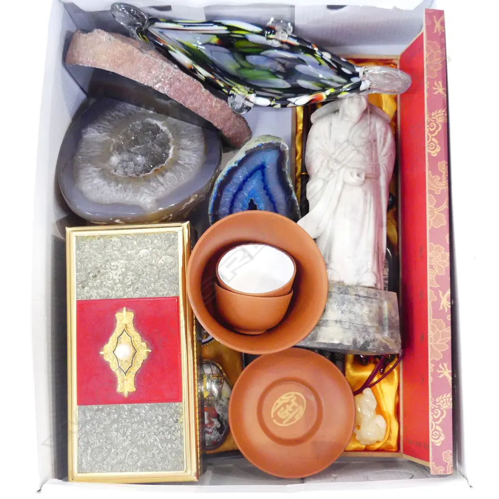 BOX LOT ASST. ORIENTAL ITEMS, POLISHED STONES ETC Image 1++