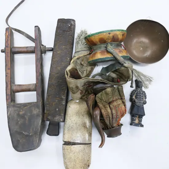ASST. TRIBAL PCES; 2 WOODEN TOOLS L.315mm, DRUM, SHAGREEN CASE, METAL TEAPOT & BOWL, BURIED SOLDIER H.120mm