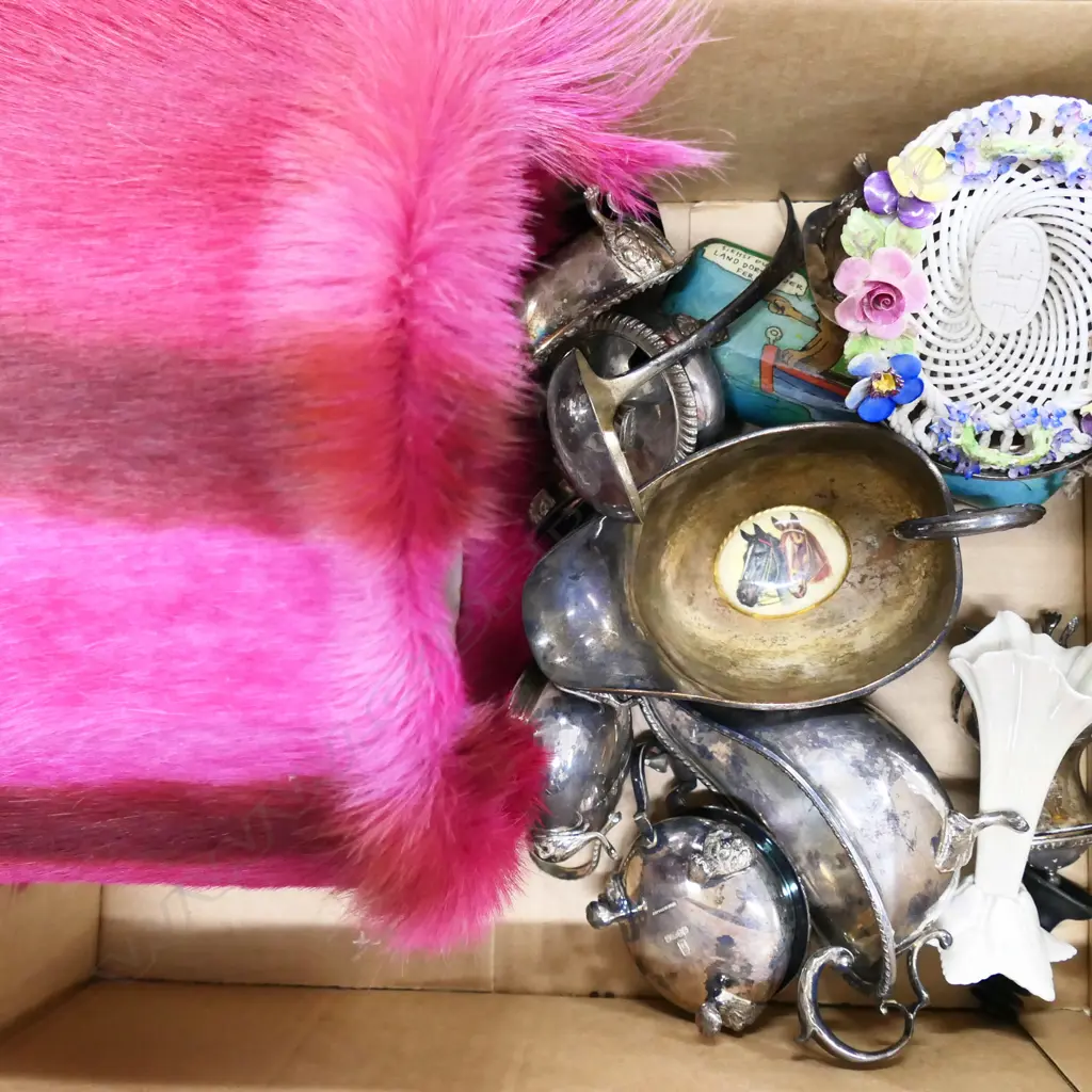 BOX LOT ASST. SILVER PLATE, PINK FUR LAMPSHADE ETC Image 1++