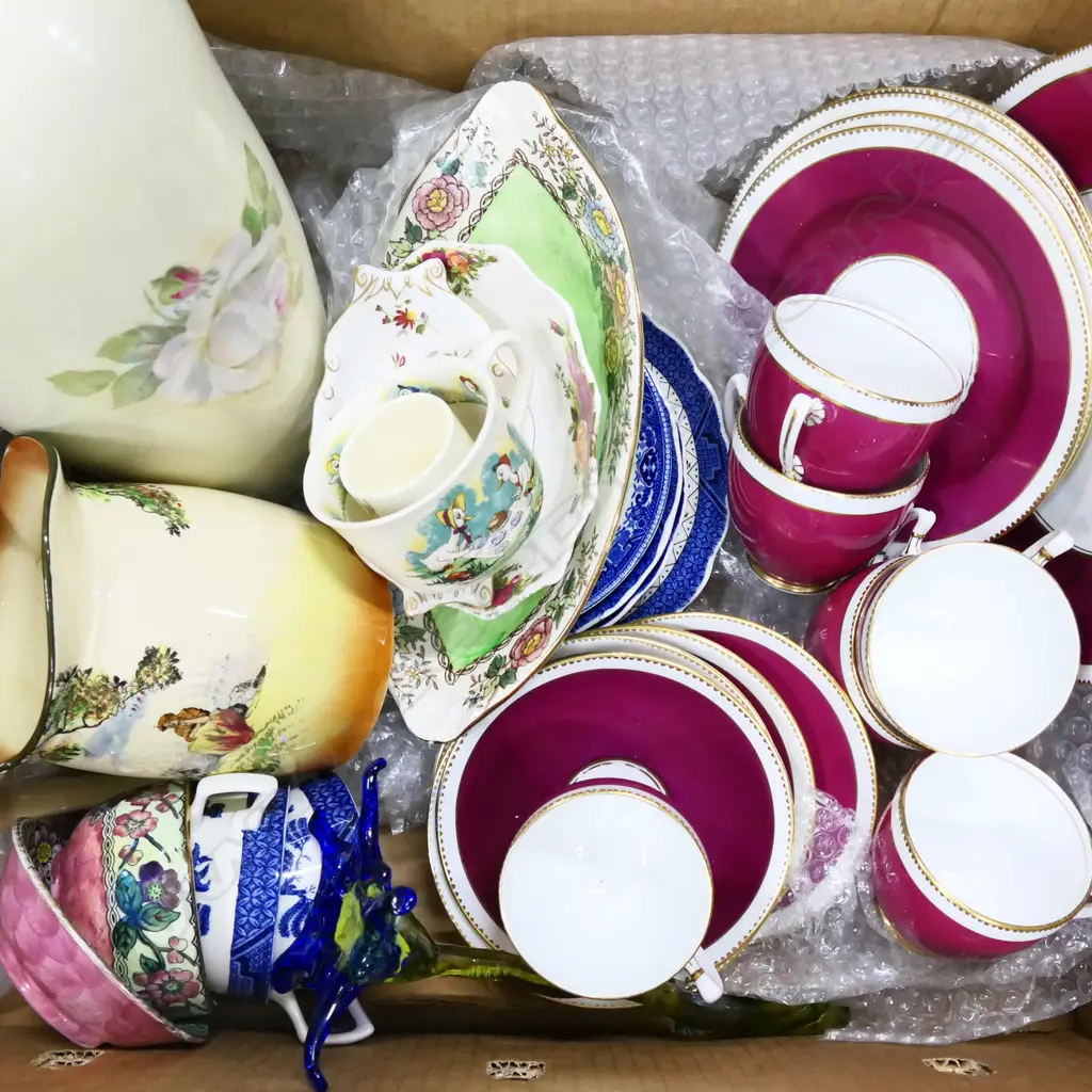 BOX ASST. QUALITY CHINA; MALING, DOULTON, WILLOW, R. ALBERT TEA SET ETC Image 1++