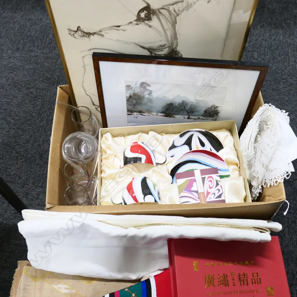 BOX LOT CHINESE COFFEE CUPS, LINENS, ARTWORKS ETC Image 1++