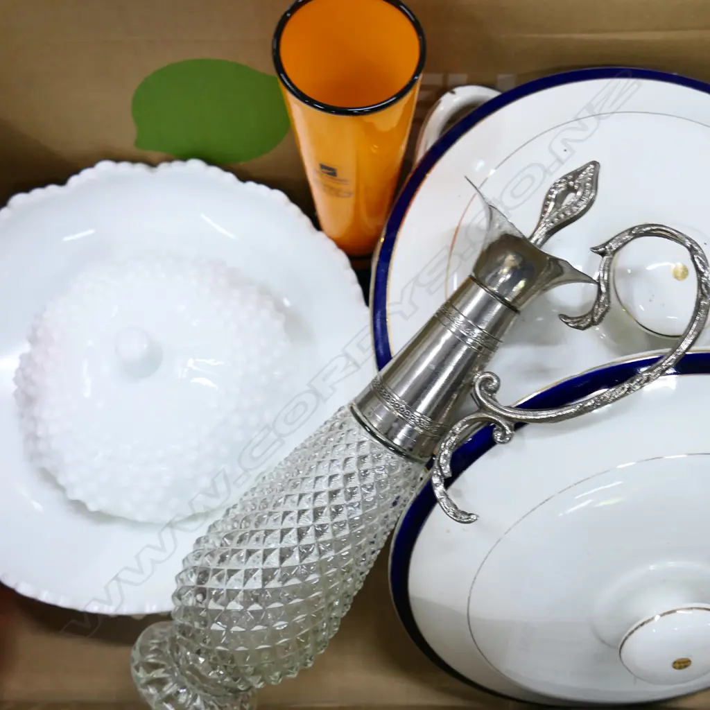BOX LOT, INCLDS HOGLUND ART GLASS VASE, LAMP, JUG w SILVER-LOOK TOP, FENTON WARE & 2 ENG PORCELAIN SERVING DISHES Image 1++