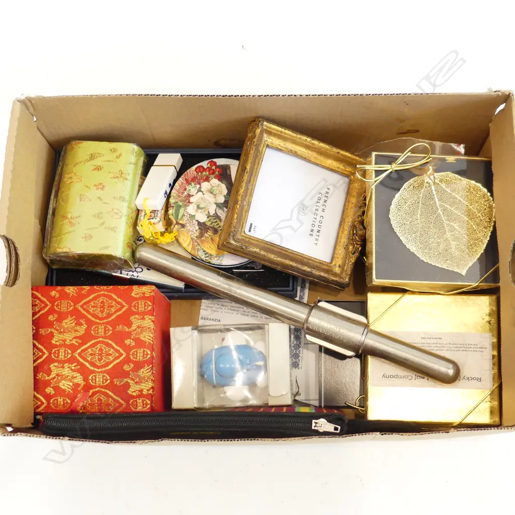 BOX LOT ASST.; FRAME, WALLET, WINE THERMOMETER ETC Image 1++