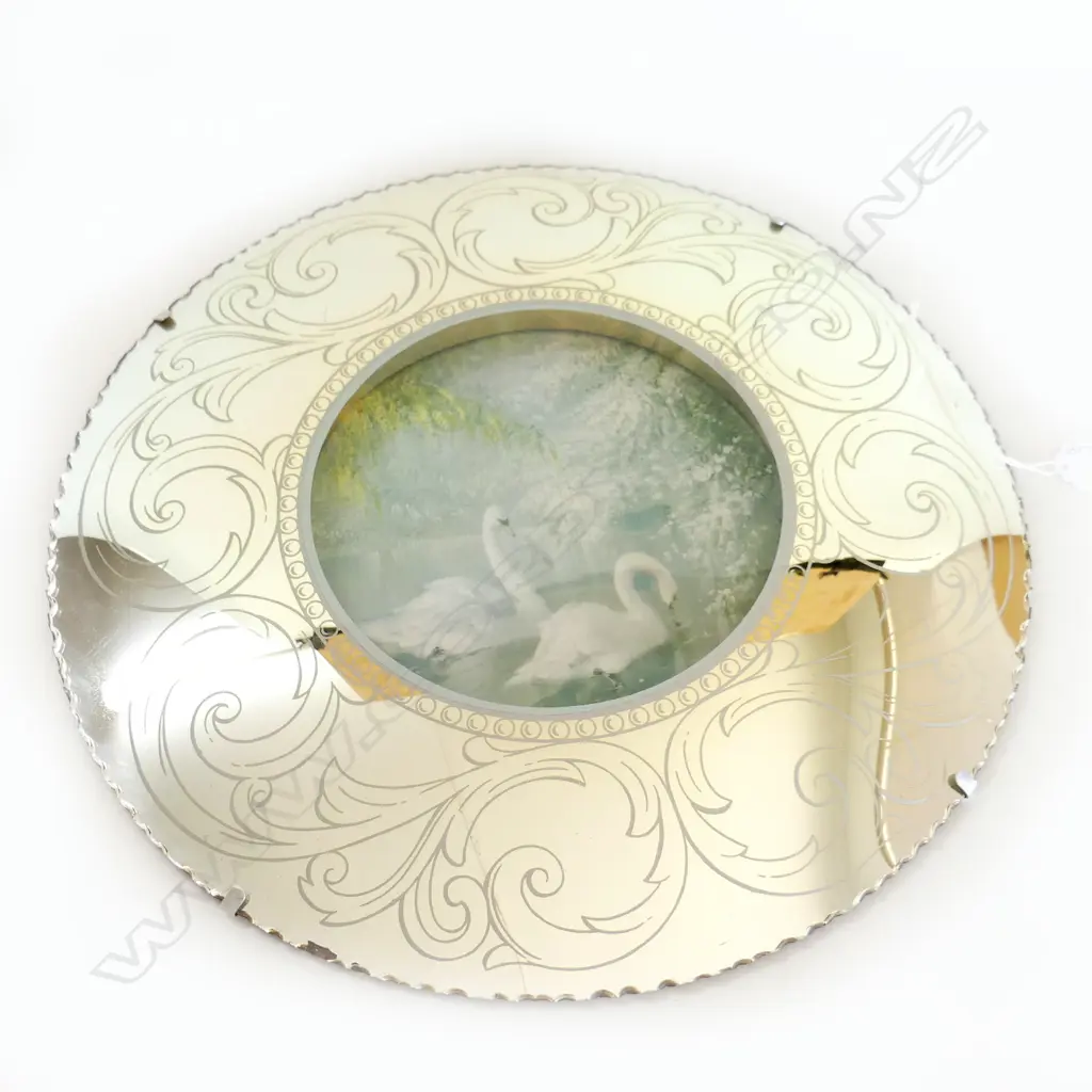 FRAMELESS CONVEX MIRROR w SWAN PICTURE IN CENTRE. Dia. 400mm Image 1++
