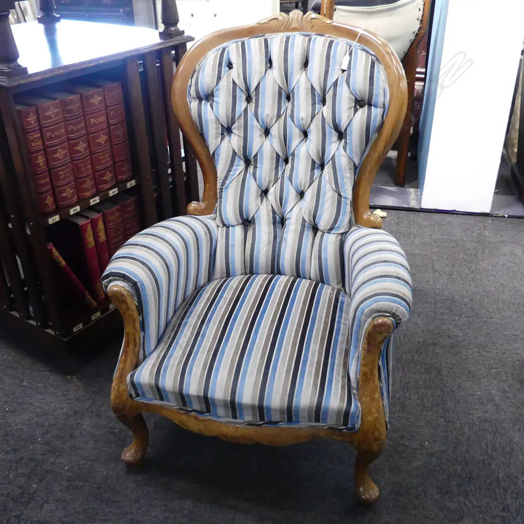 GRANDFATHER CHAIR; STRIPED VELVET UPHOLSTERY Image 1++