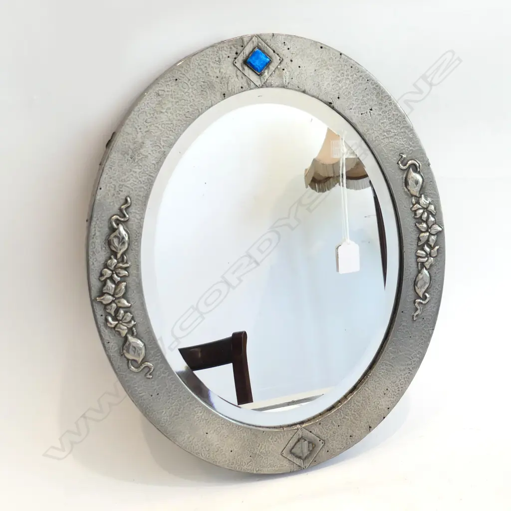 ARTS & CRAFT PEWTER FRAMED MIRROR w ENAMEL DIAMOND DETAIL (1 missing) H.480mm. Image 1++