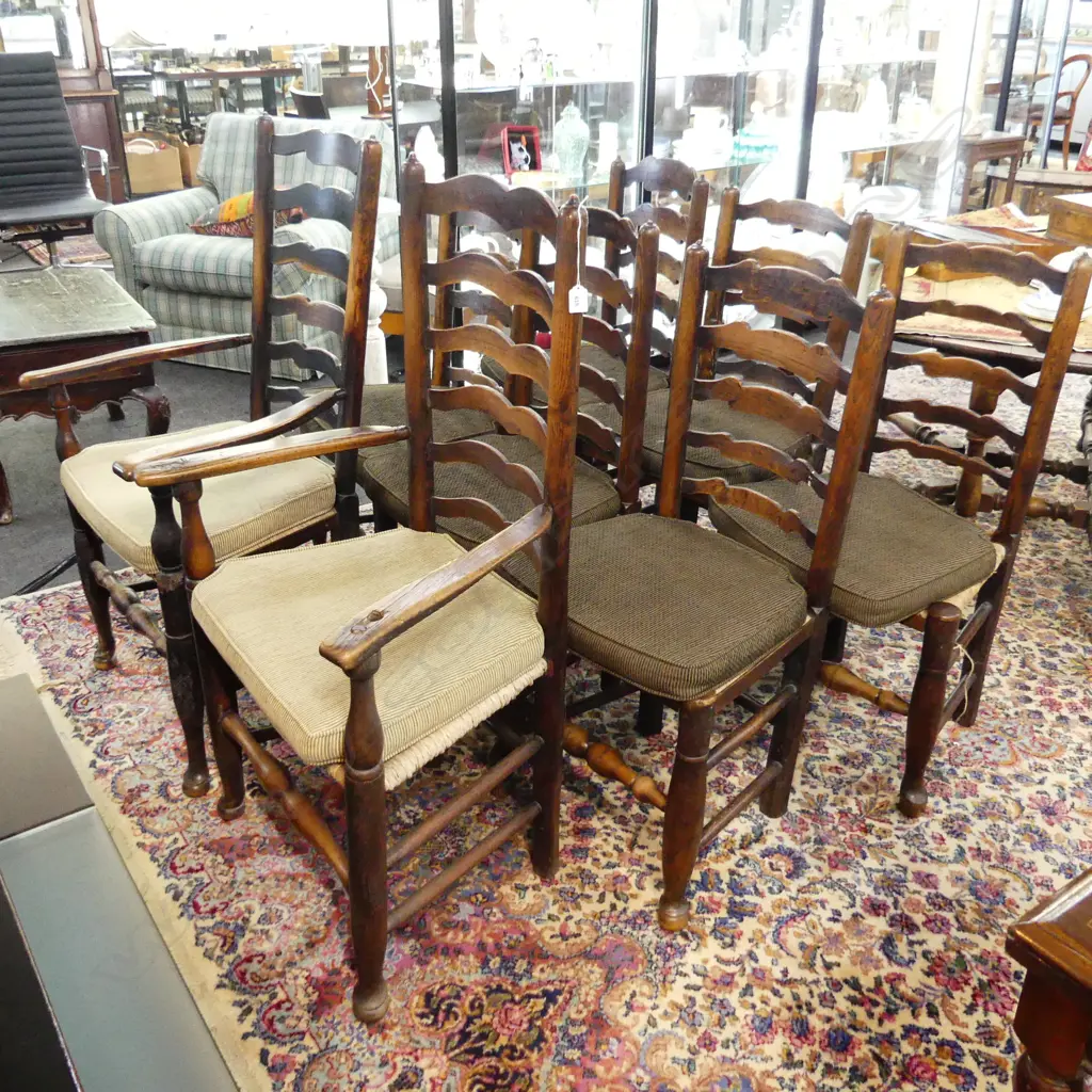 8 19THC ANTIQUE LADDER BACK CHAIRS - 2 ARE CARVERS Image 1++