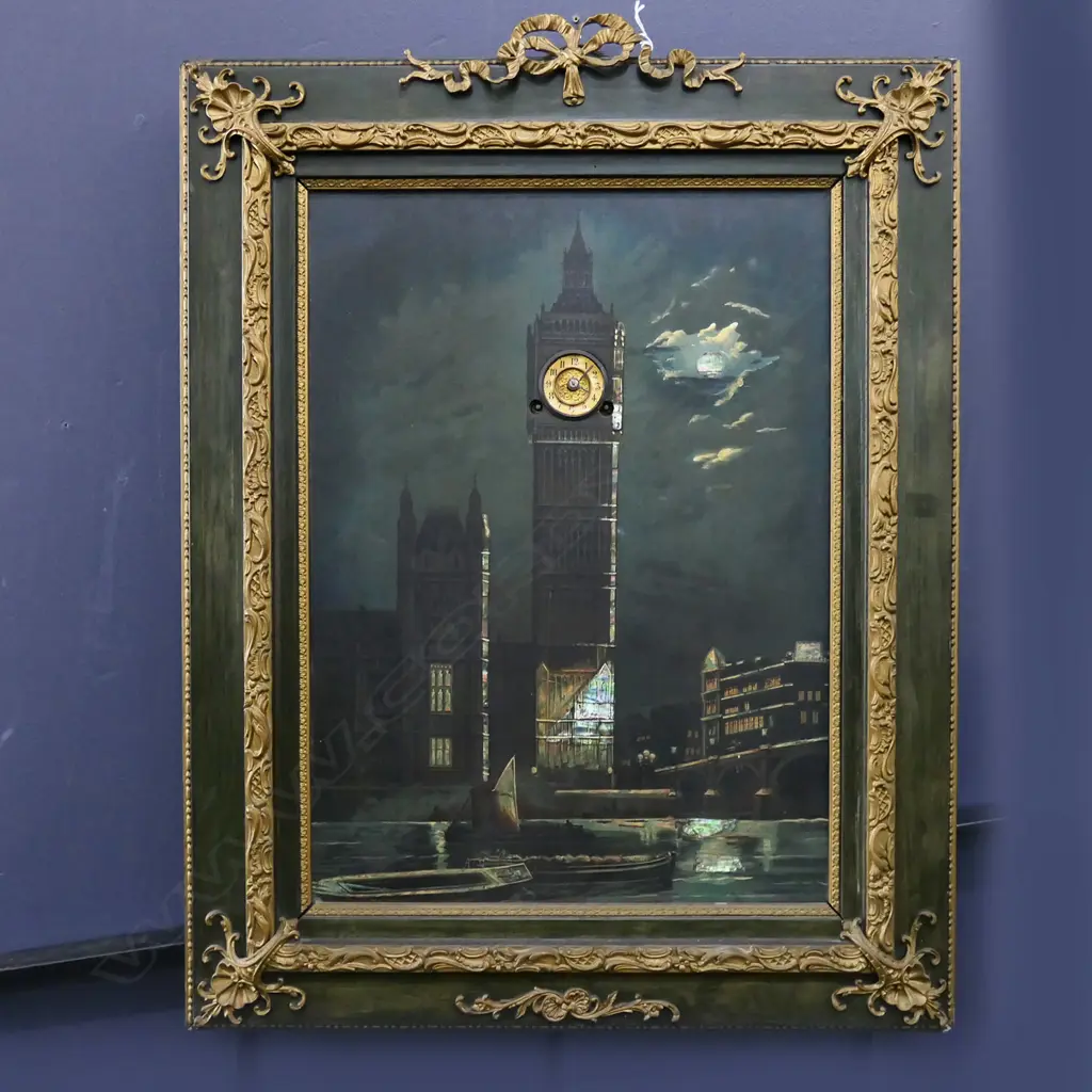 VINTAGE BIG BEN PAINTING w. MECHANICAL CLOCK MOVEMENT 670x540mm overall Image 1++