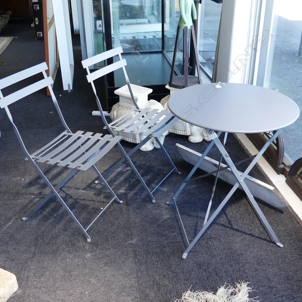 3 PCE GREY METAL PATIO SET: TABLE 600mm dia & 2 FOLDING CHAIRS Image 1++