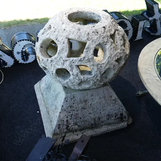 CARVED STONE 2 PCE SCULPTURE; PIERCED BALL ON PLINTH 620x620x720mm