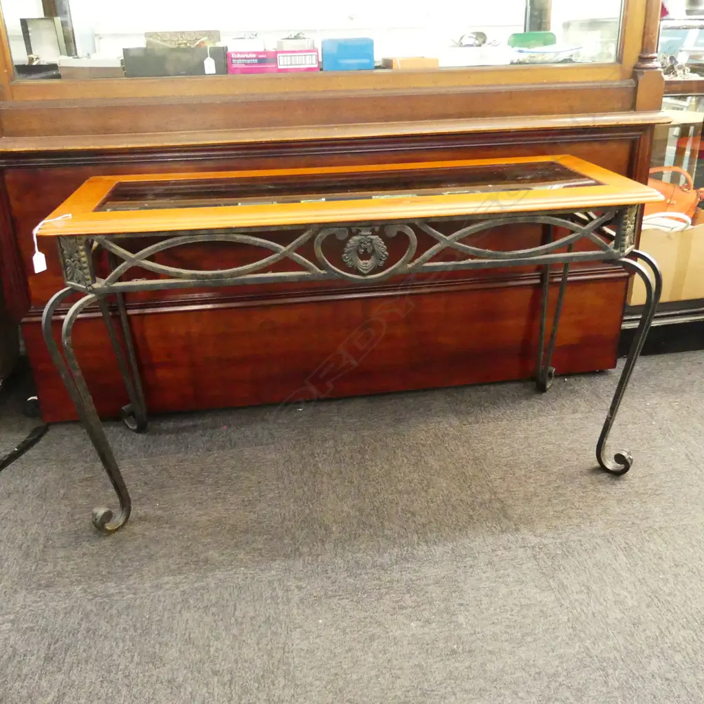 HALL TABLE - IRON BASE, WOODEN TOP w. INSET GLASS PANEL 1220x500x680mm Image 1++