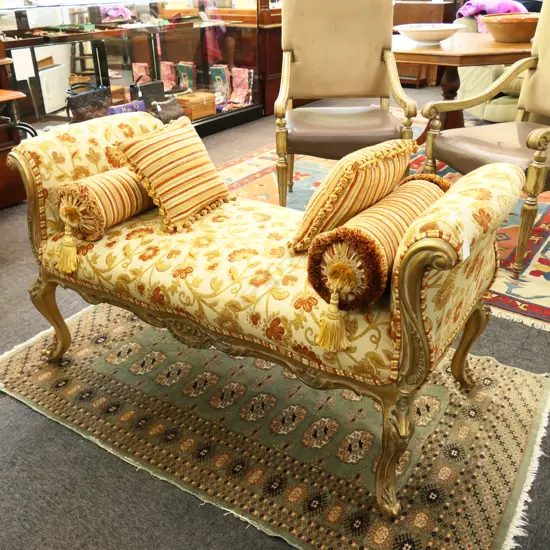 Gold painted French-style daybed, four velvet cushions and bolsters, excellent condition, 1270 x 660 x 720mm