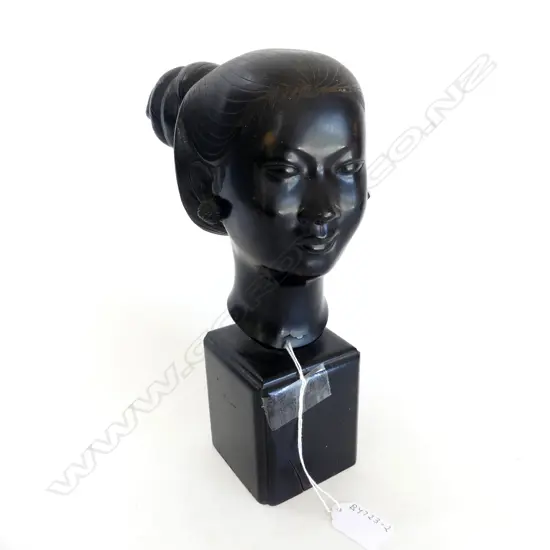  CAST HOLLOW BRONZE HEAD OF GIRL (possibly Thai or Burmese) ON WOOD PLINTH SEAL MARK TO BACK H.280mm