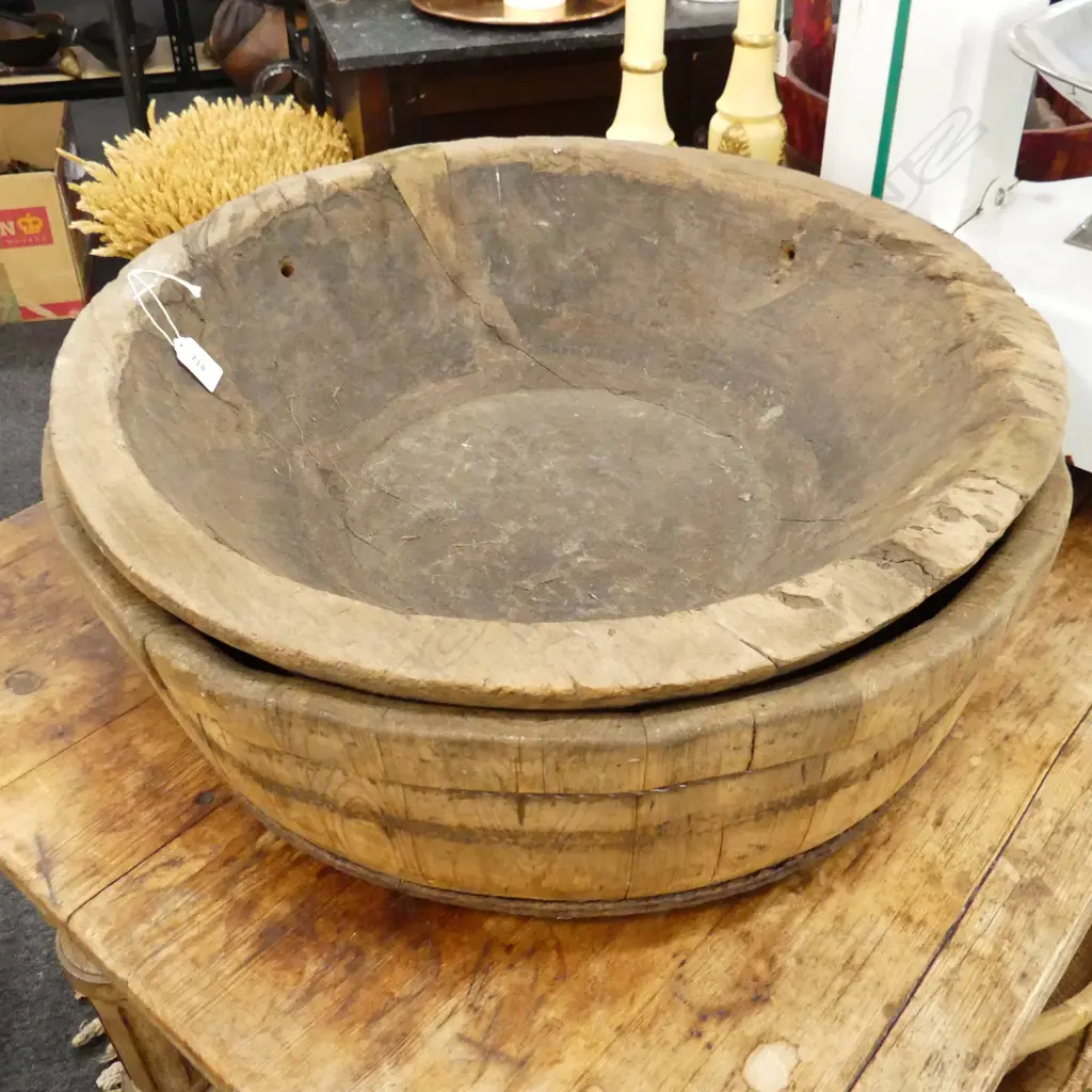 2 LARGE WOODEN BOWLS - DOUGH BIN & HALF BARREL 590mm dia Image 1++
