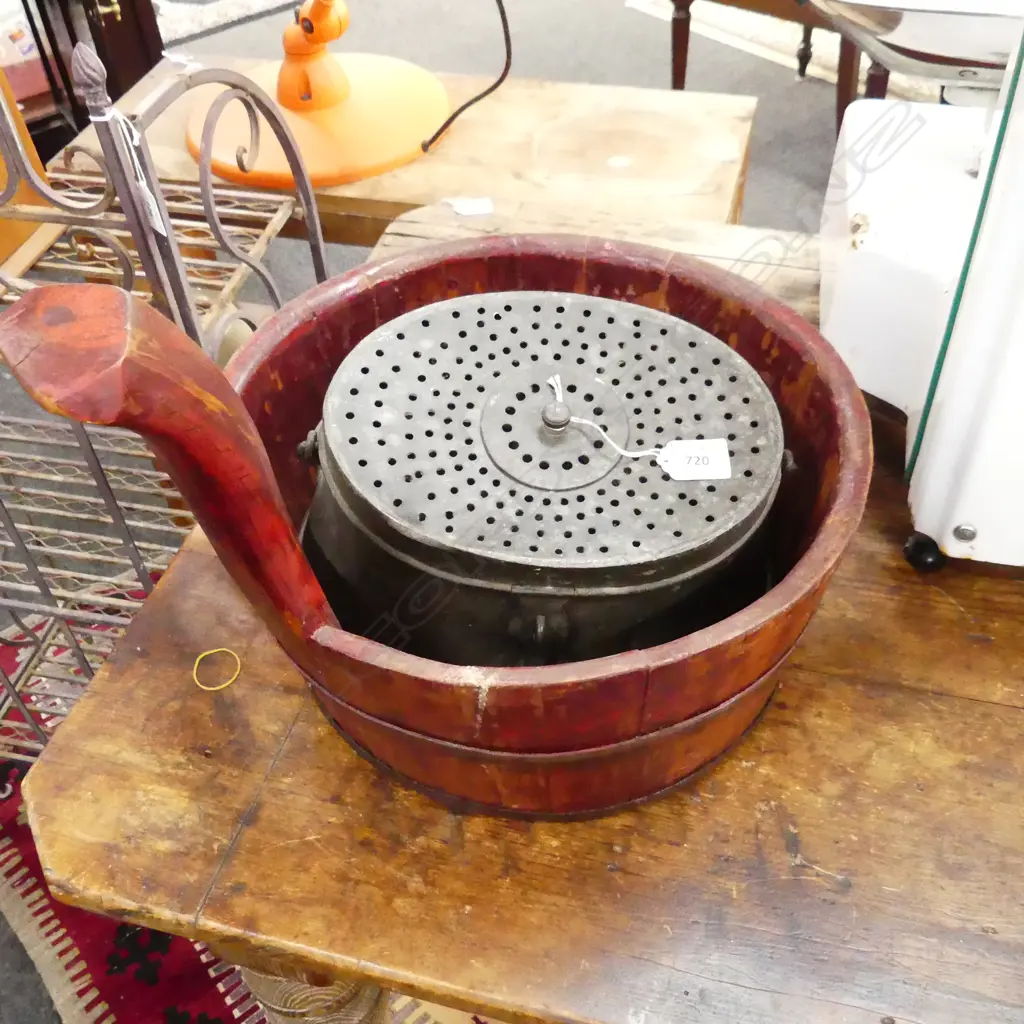 RED PAINTED ORIENTAL BUCKET 375mm dia + ANTIQUE EUROPEAN FISHING BAIT BUCKET Image 1++