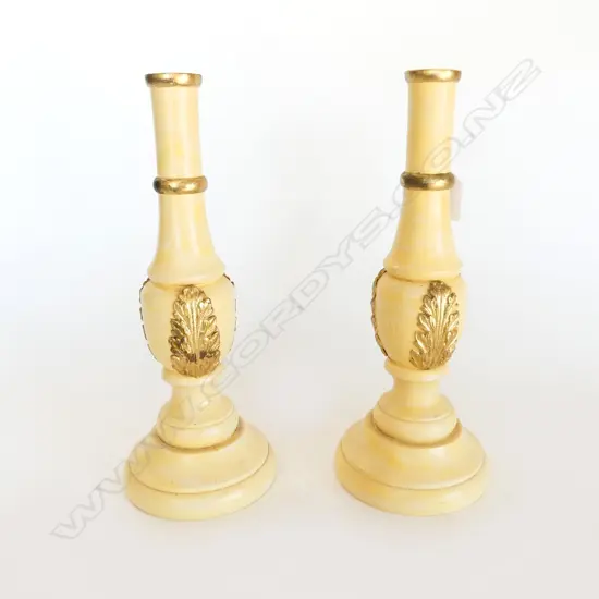 PR CREAM PAINTED TURNED WOOD CANDLESTICKS w GOLD DETAIL. H.220mm