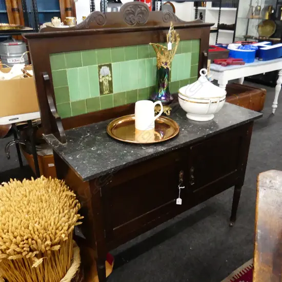 EDWARDIAN MARBLE TOPPED TILED BACK WASH STAND H 1350MM X W 1070 MM