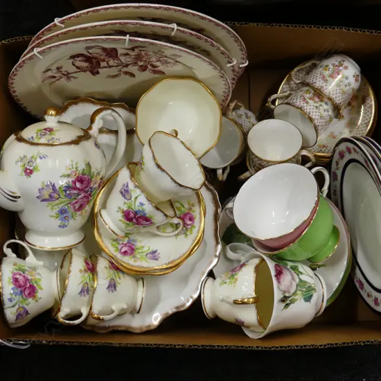 BOX LOT TEASETS PLATES ETC