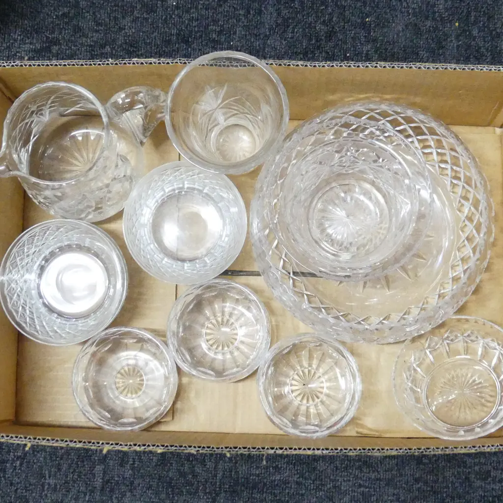 BOX LOT CRYSTAL BOWLS VASES JUG ETC Image 1++