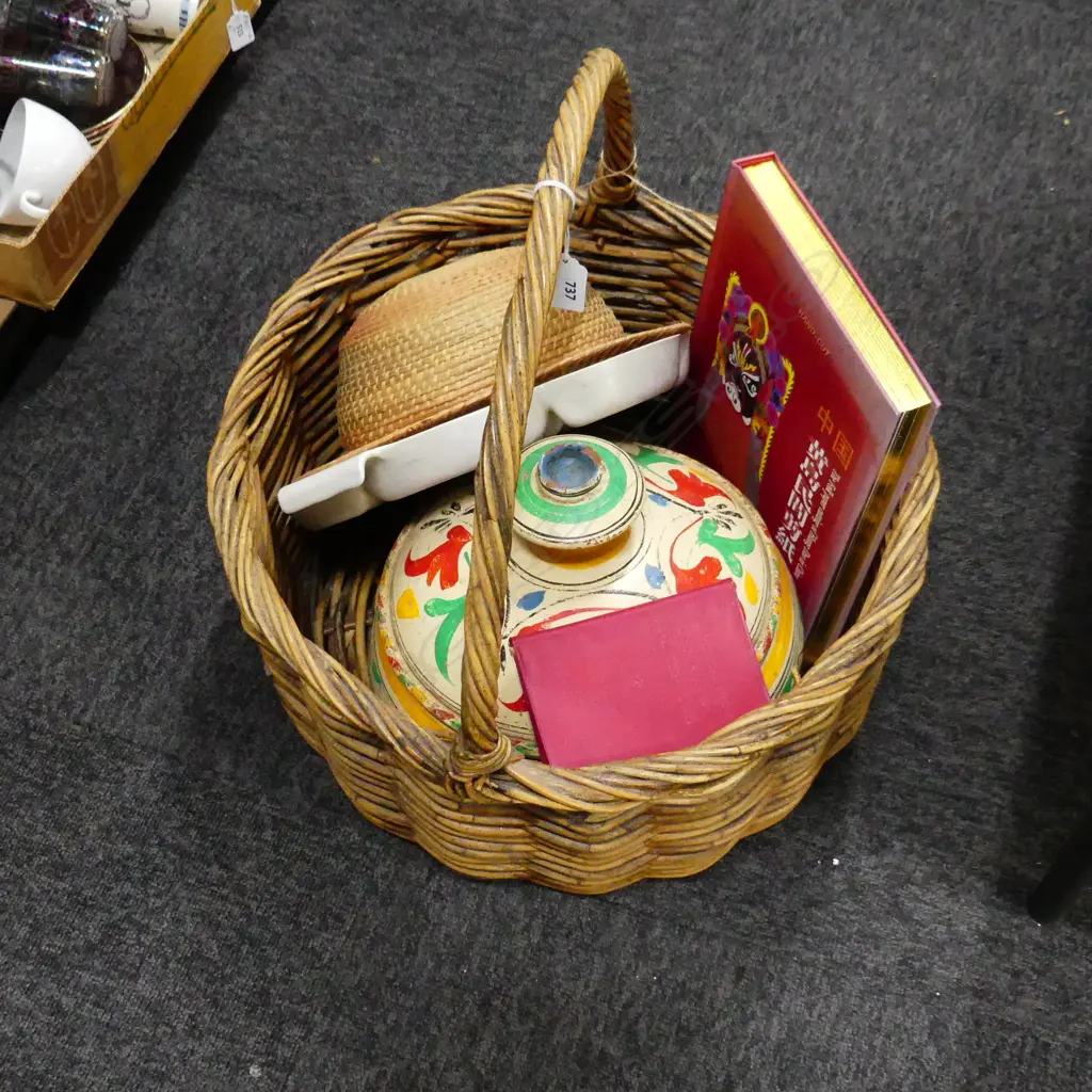 LG WOVEN CANE BASKET + ASST. CONTENTS: HAT, POOLE PLATTER, LIDDED POT, MAO QUOTATIONS BOOKLET Image 1++