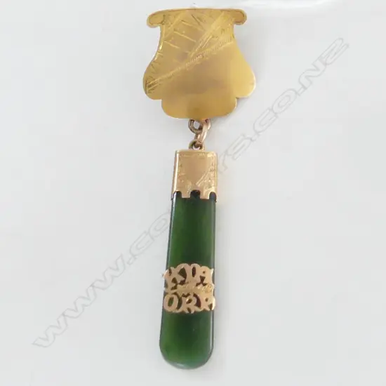 9CT & POUNAMU 'KIA ORA' PENDANT L.80mm 7.9 GM