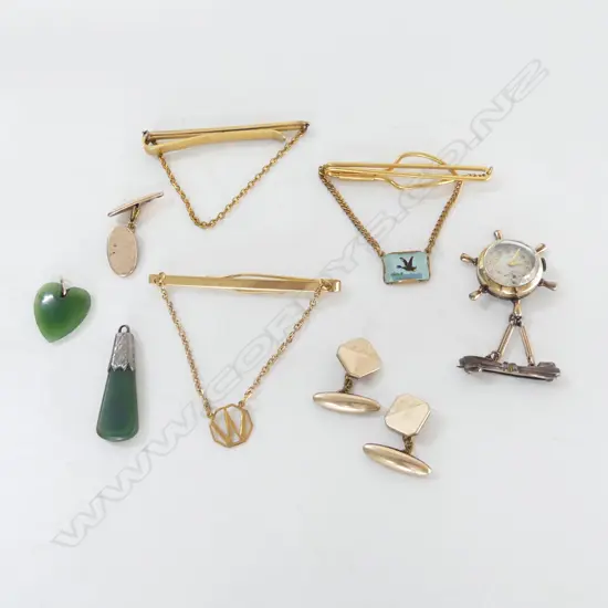 GP DURO WATCH, 2 POUNAMU PENDANTS, ASST. GOLD PLATE TIE CLIPS, CUFFLINKS