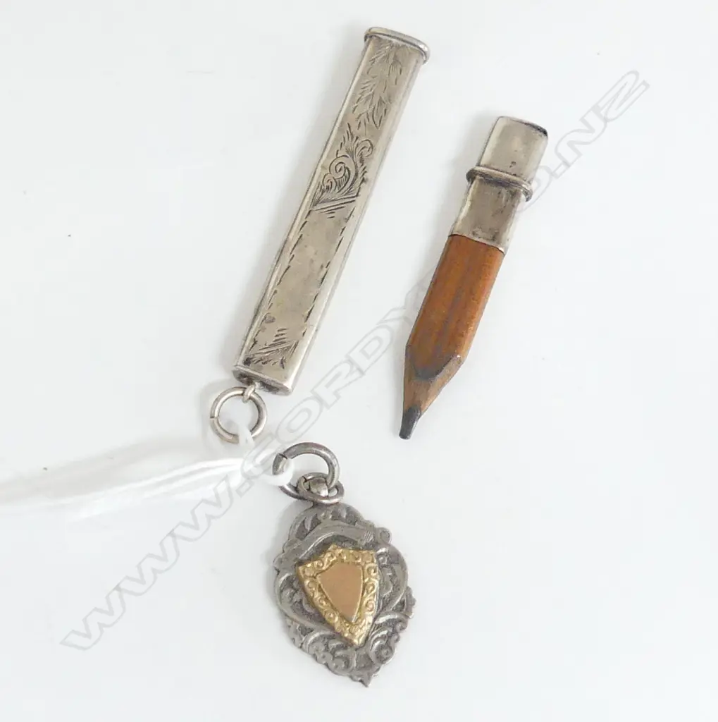 ANTIQUE SILVER ENGRAVED PENCIL HOLDER + MEDALLION Image 1++