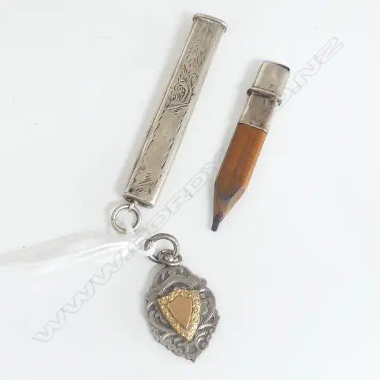 ANTIQUE SILVER ENGRAVED PENCIL HOLDER + MEDALLION