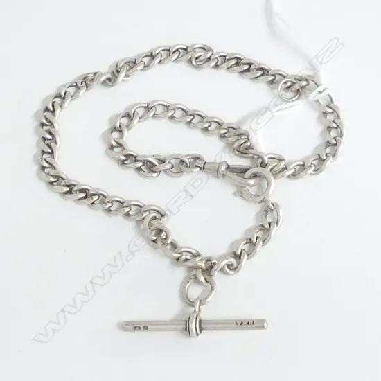 SILVER CURB LINK ALBERT CHAIN W T-BAR L.320mm