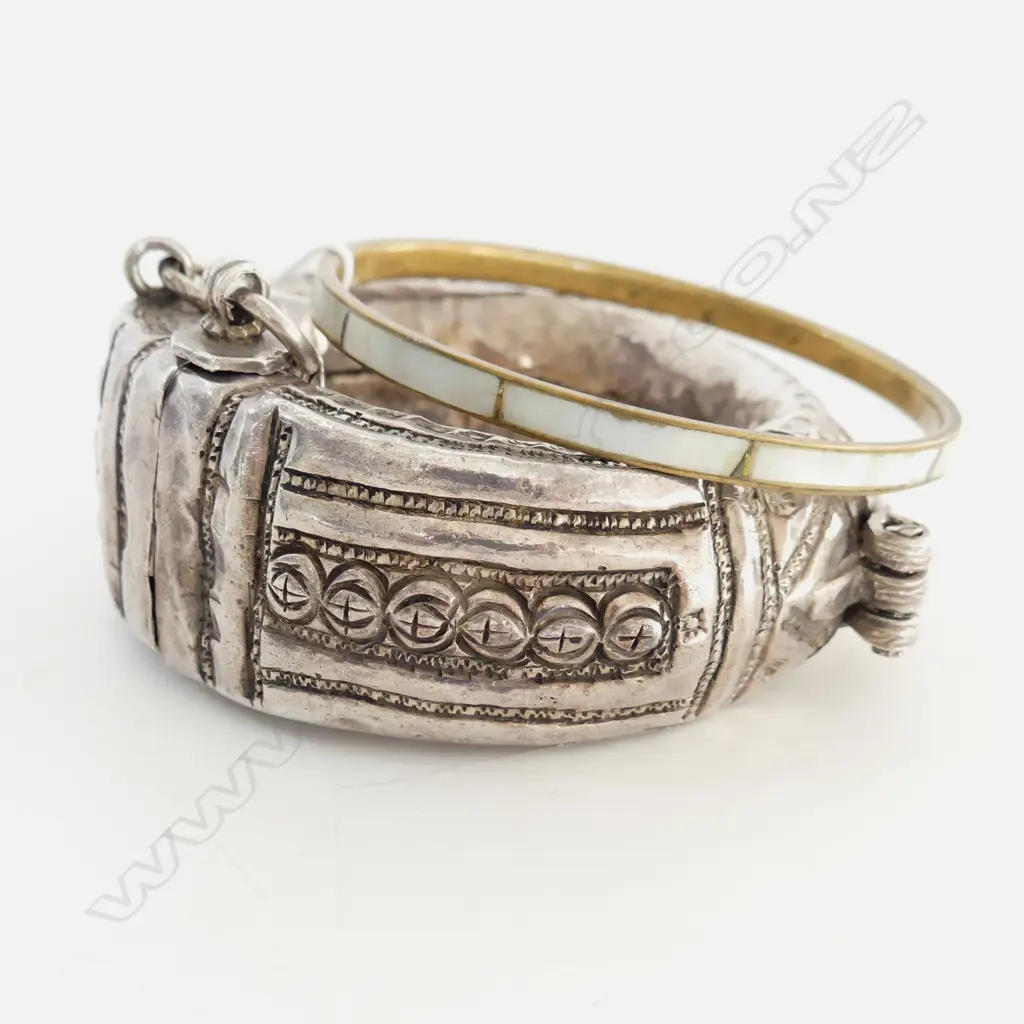 HEAVY TRIBAL SILVER SLAVE BANGLE AND BRASS M.O.P BANGLE Image 1++