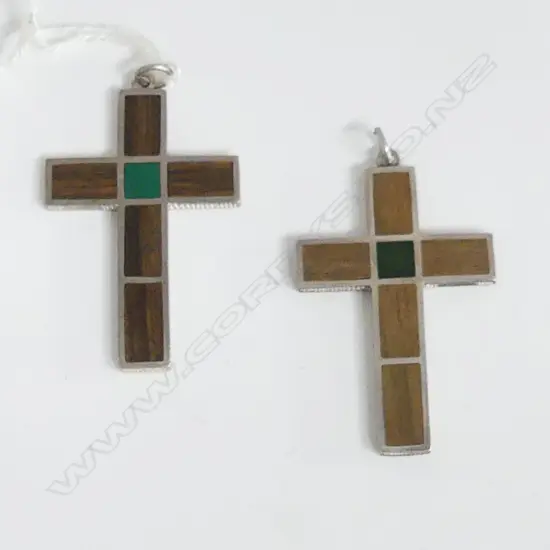 2 x RUSSELL MURPHY SILVER & LIGNUM VITAE & MALACHITE CROSS PENDANTS