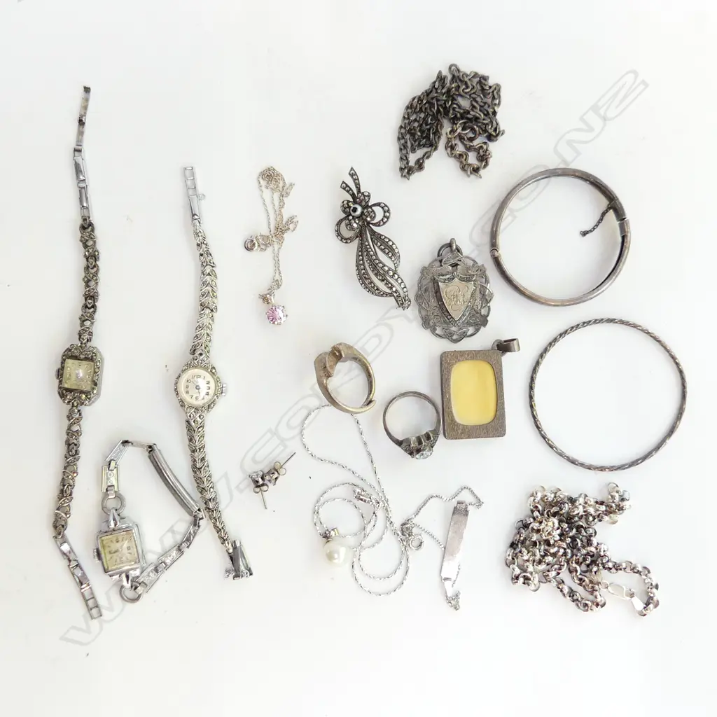 ASST. JEWELLERY SOME STG; 3 WATCHES, 2 RINGS, 2 CHAINS (36GM) Image 1++