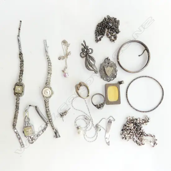 ASST. JEWELLERY SOME STG; 3 WATCHES, 2 RINGS, 2 CHAINS (36GM)