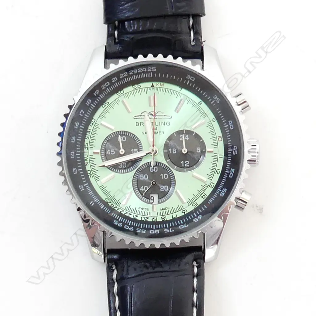 GENTS BREITLING REPLICA CHRONOGRAPH WATCH, SILVER OUTER w BLACK STRAP Image 1++