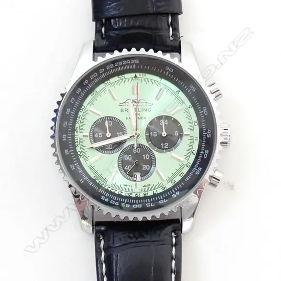 GENTS BREITLING REPLICA CHRONOGRAPH WATCH, SILVER OUTER w BLACK STRAP
