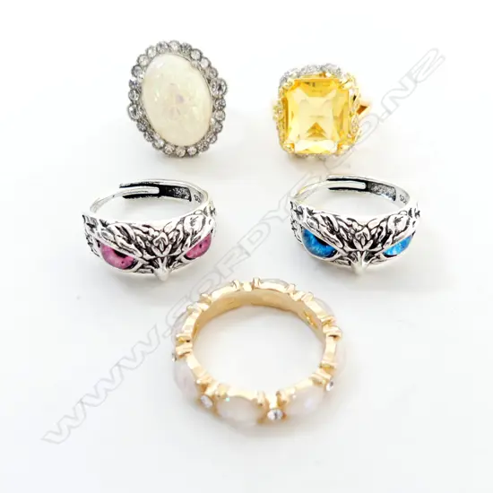 5 COSTUME RINGS, 2 w OPAL LOOK STONES, 2 w OWL EYES, 1 w CITRINE-LOOK STONE