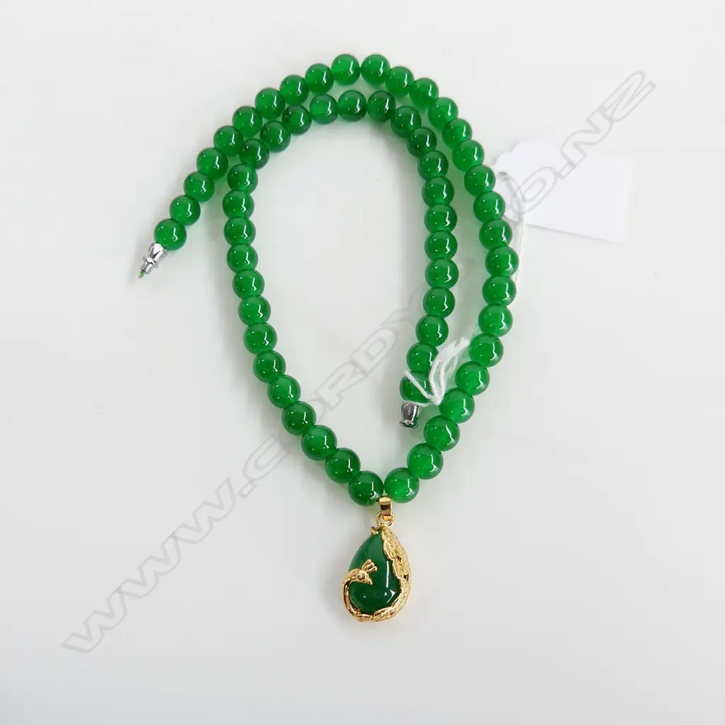 GOLD GILT 'LUCKY PHOENIX' PENDANT & JADE COLOURED BEAD NECKLACE Image 1++