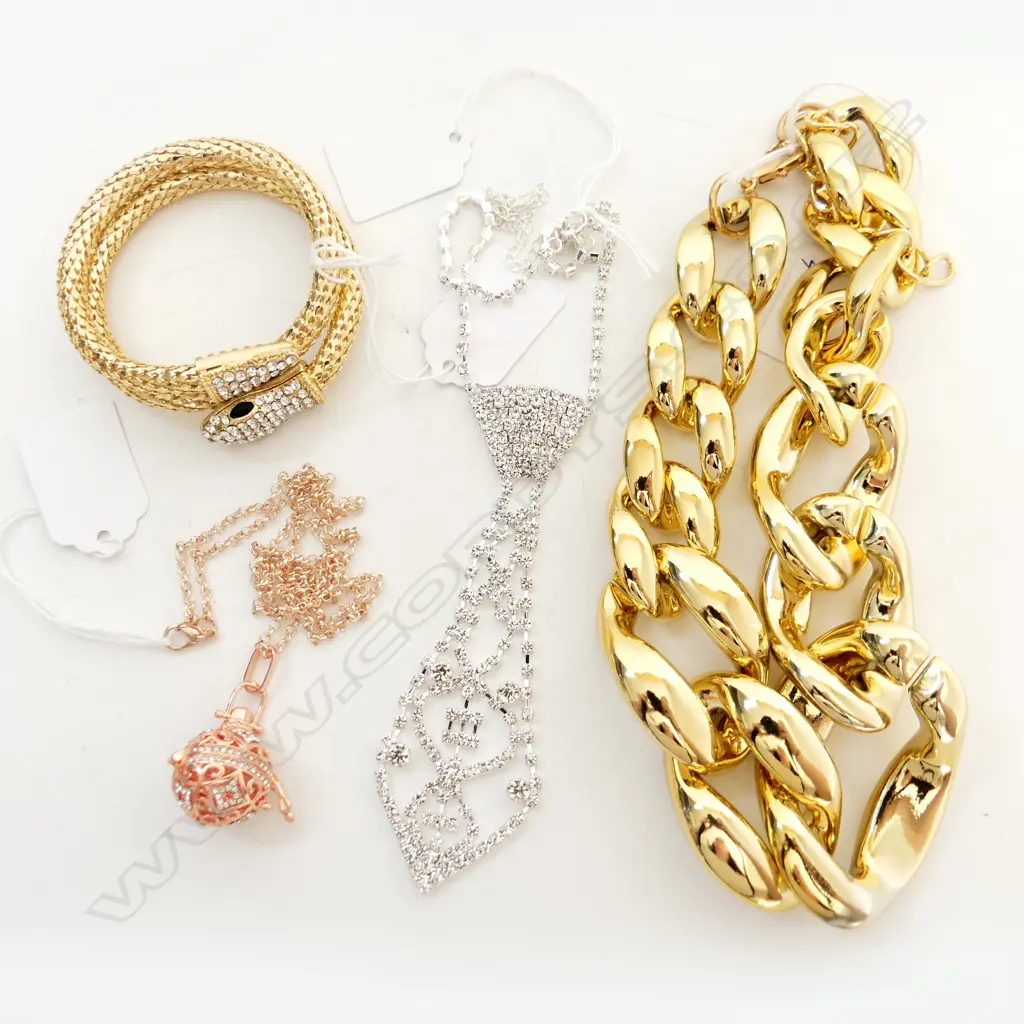 4 PCS, OVERSIZE CURB LINK NECKLACE, DIAMANTE 'NECK TIE' NECKLACE, GOLD COLOUR SNAKE BRACELET & DIAMANTE SPHERE NECKLACE Image 1++