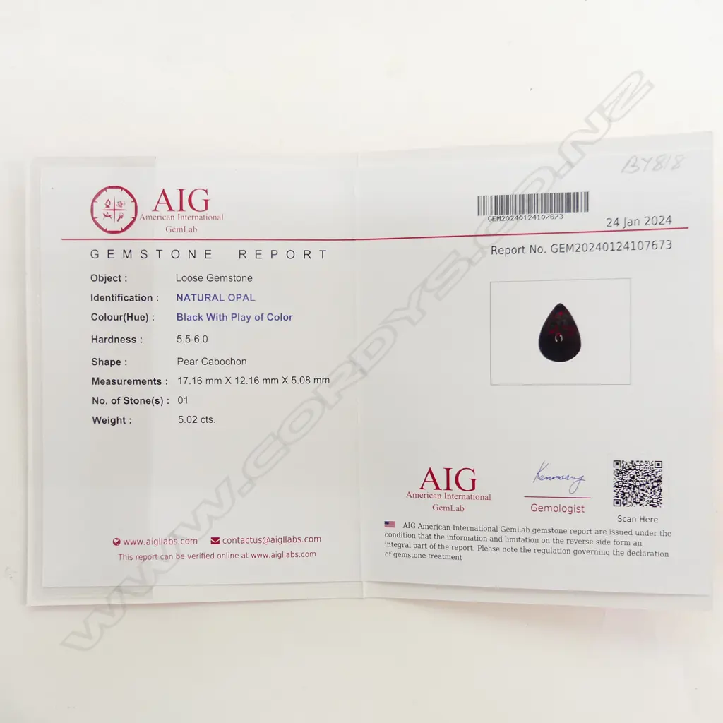 NATURAL 5.02ct OPAL, PEAR CABOCHON, BLACK w COLOUR HI-LITES, AIG REPORT  Image 1++