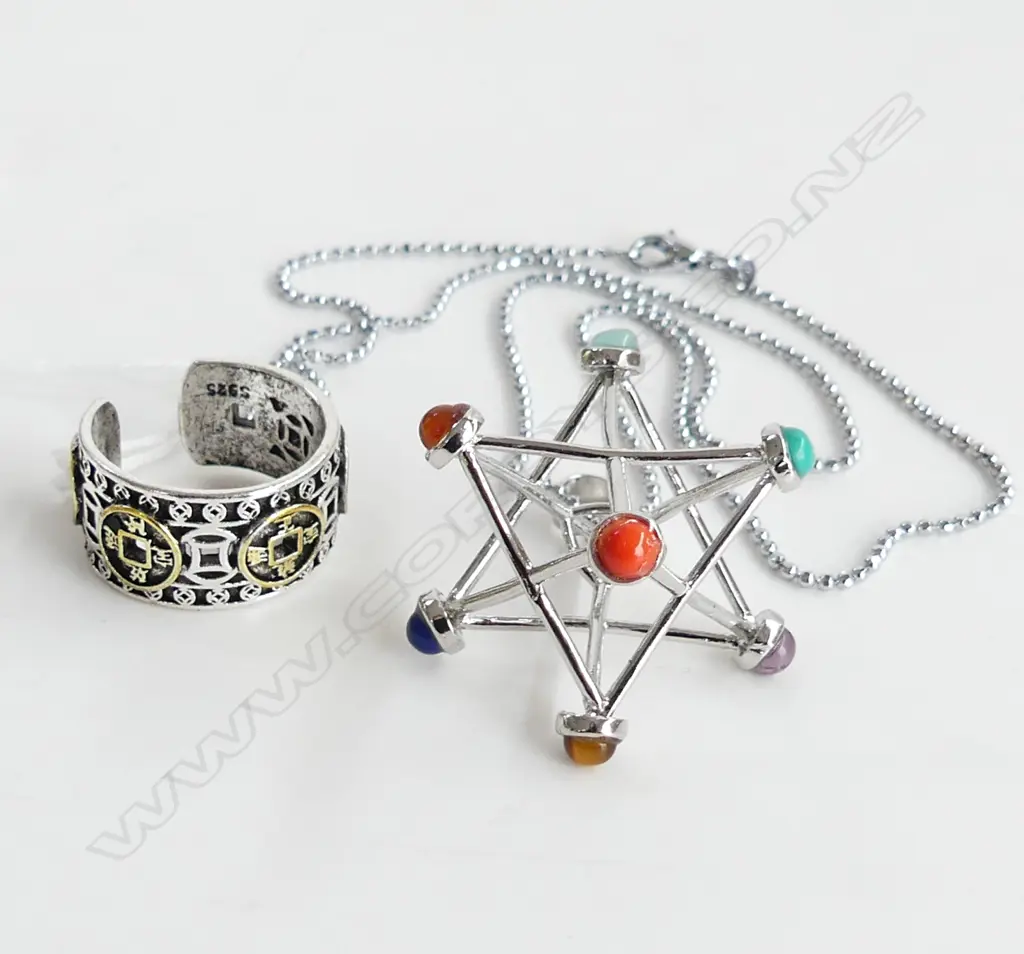 7 CHAKRA & SILVER PLATE PENDANT WITH MERKABA & SILVER PLATED REIKI RING Image 1++