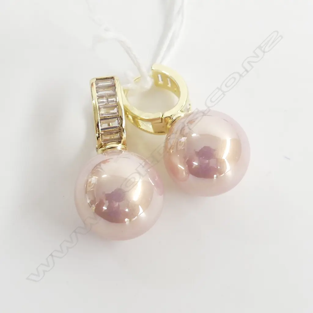 LG PINK FAUX PEARL, CZ & GOLD GILD DROP EARRINGS Image 1++