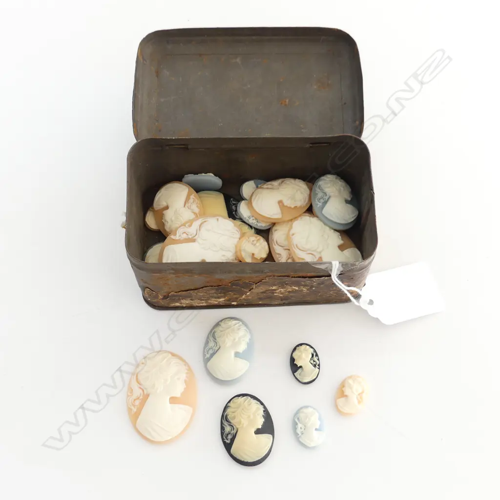 OLD TIN OF CARVED CAMEO BROOCH PANELS Image 1++