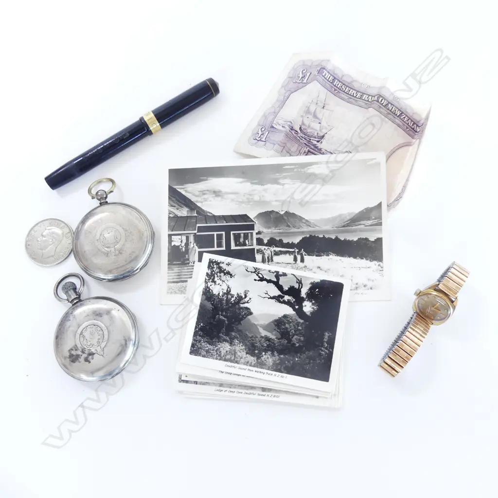 2 SILVER POCKET WATCHES + LADIES BIFORA WATCH + 1 POUND BANKNOTE + OLD PHOTOS & FOUNTAIN PEN Image 1++