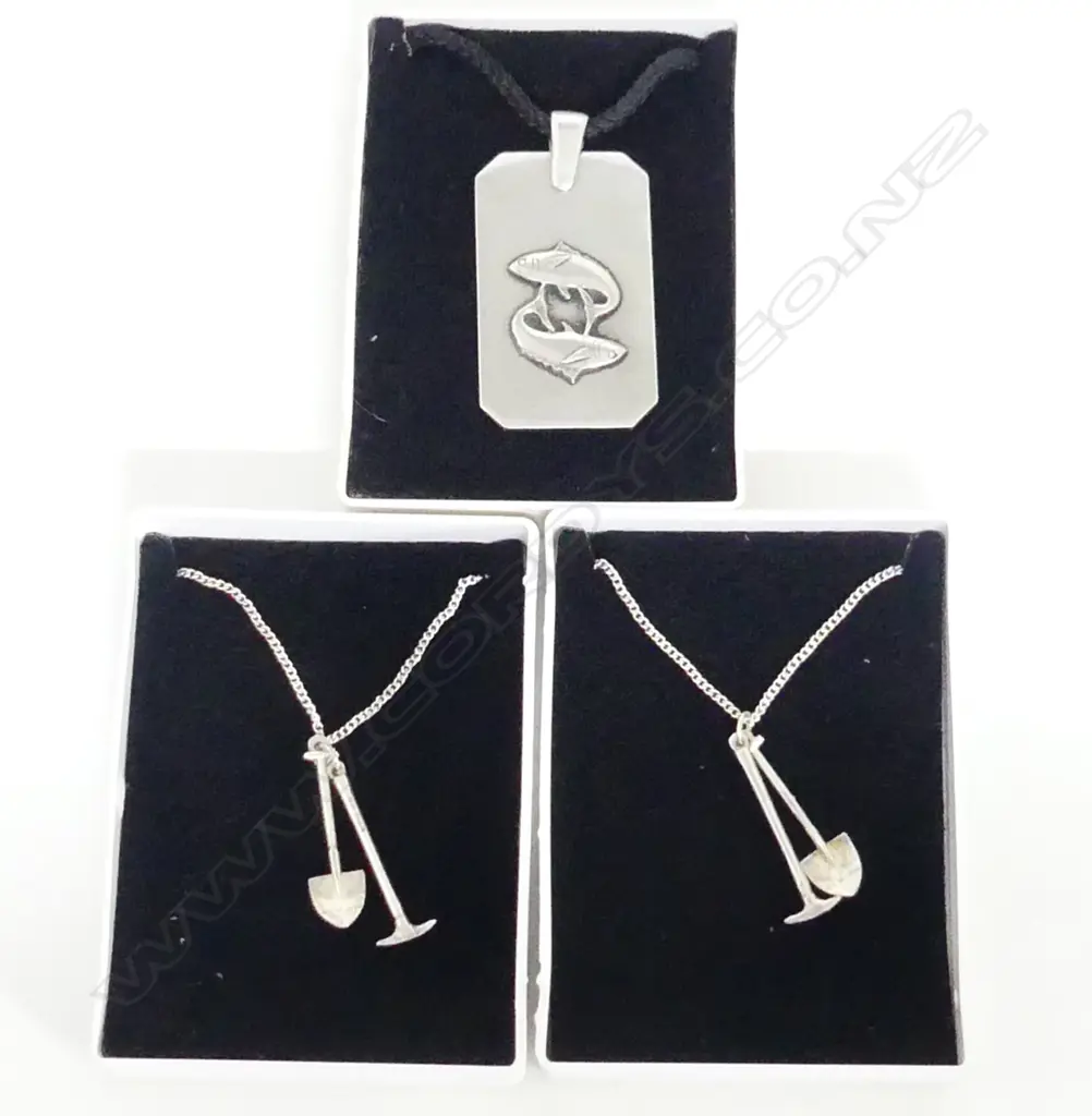 2 x RUSSELL MURPHY SILVER PENDANTS: 1 X PISCES + 2 X MINING THEMED shovel & pick Image 1++